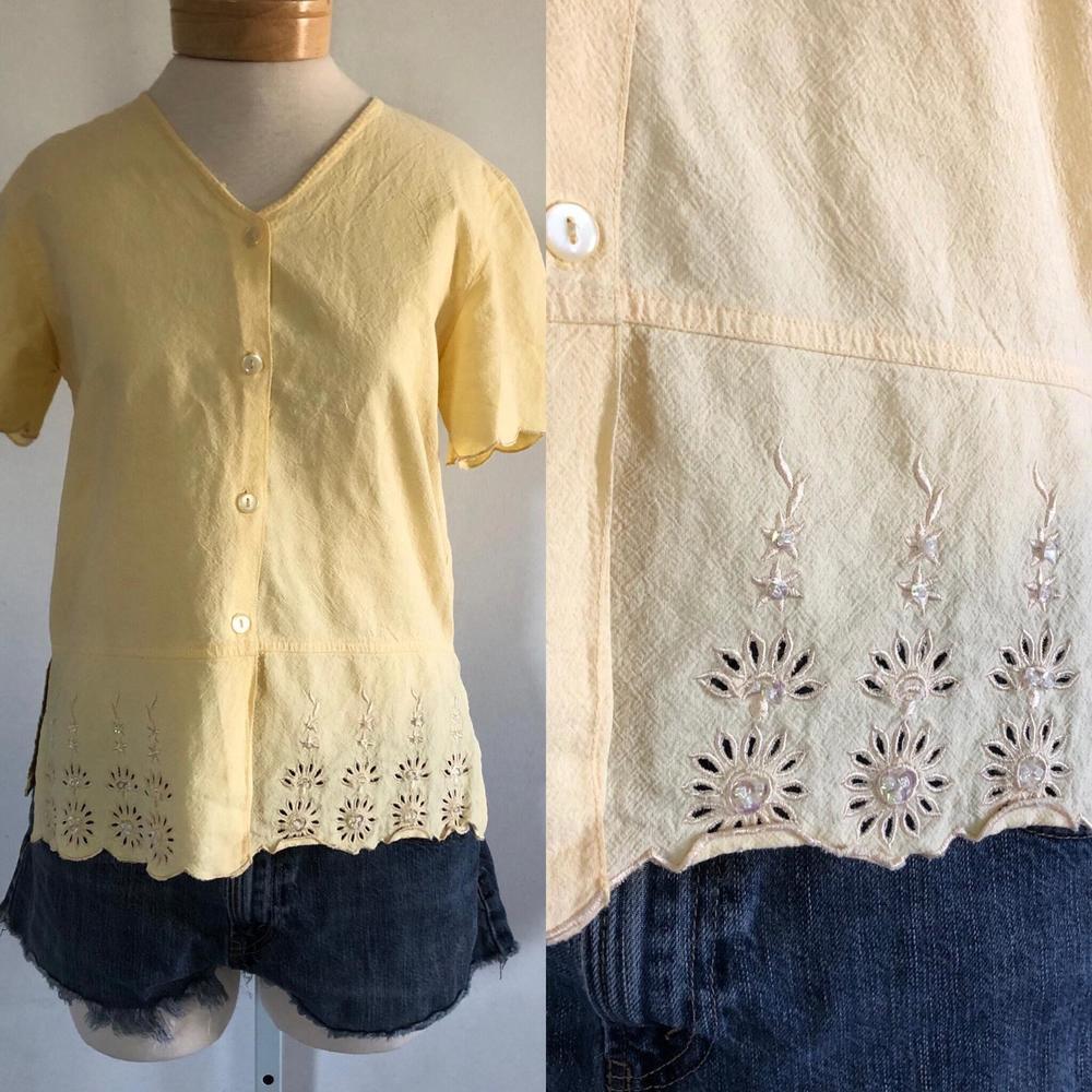 Vintage Yellow Cotton Blouse by Jane Ashley - Retro 90s Fashion